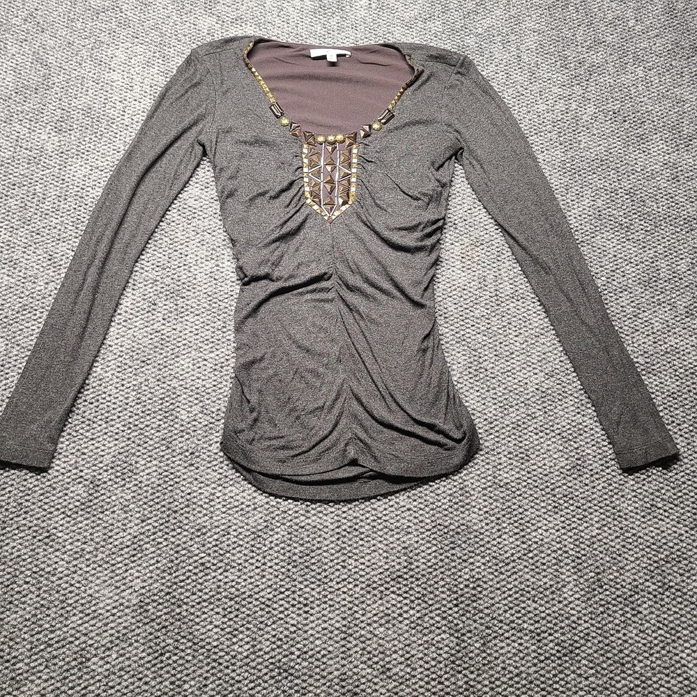 CAbi Blouse Womens Medium Charcoal Bronze Beaded Ruched Scoop Neck Long Sleeve